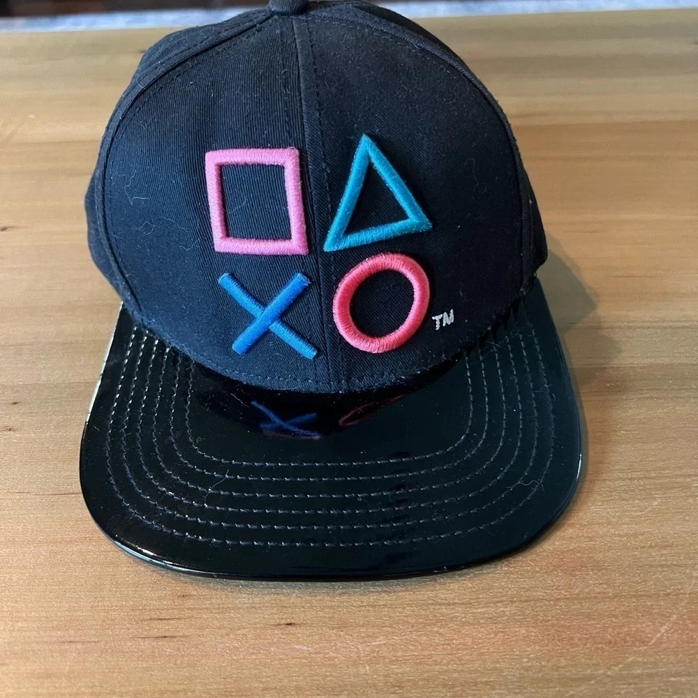 Sony PlayStation adjustable, snapback hat. Controller themed. Patent shiny brim.